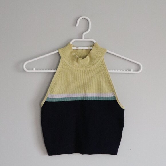 Babaton Women's Sz XS Ribbed Mock Neck Sleeveless Cropped Knit Striped Top - Picture 1 of 8